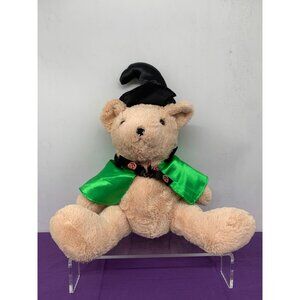 King Plush 2007 Halloween Bear Green Cape Pumpkin Ribbon Black Hat Brown Plastic